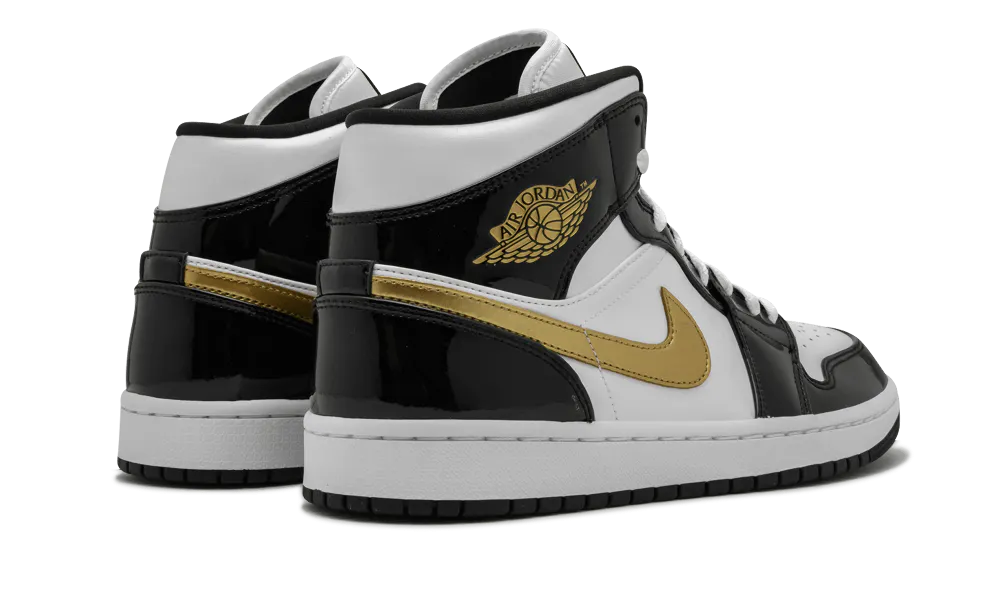 Jordan 1 Mid Patent Black White Gold